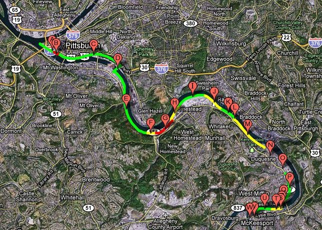 Google Earth Iamge of trail from Pittsburgh to McKeesport