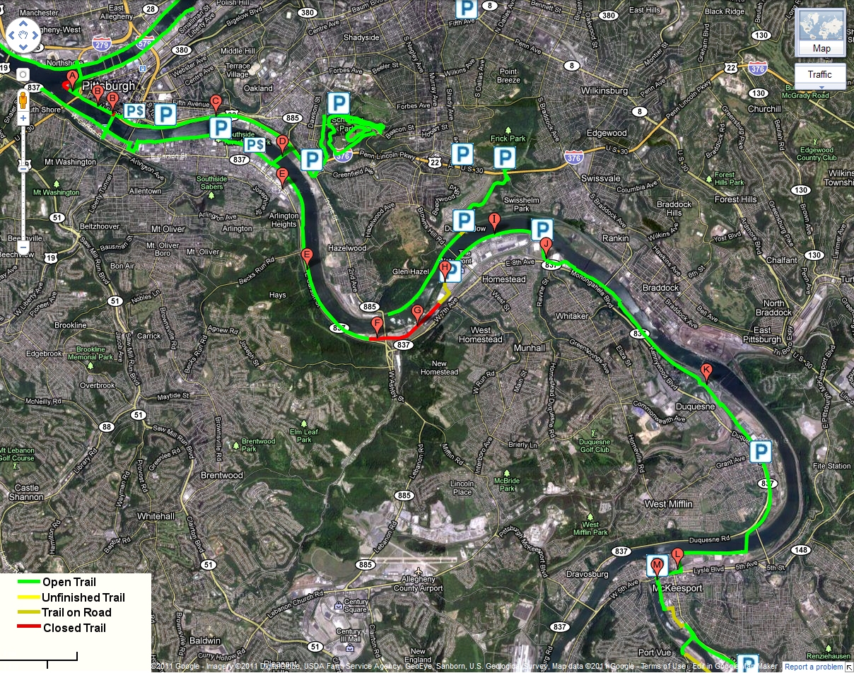 Google Earth Image of trail from Pittsburgh to McKeesport